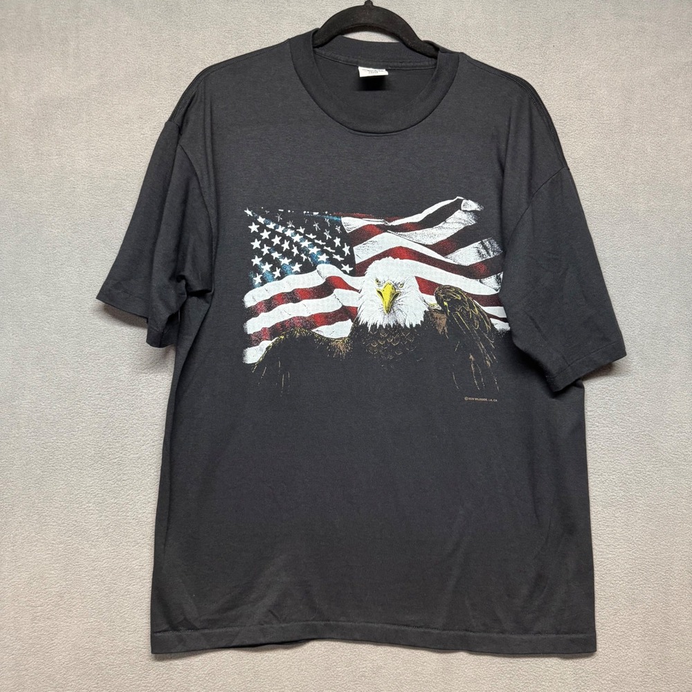 Cal Cru Eagle American Flag Graphic T-Shirt Vintage 90s Large Black Made in USA‎